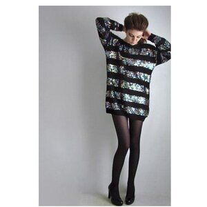 🔥Michelle Stuart Rainbow Sequins Stripe 80's Vintage Black Tunic Knit Dress